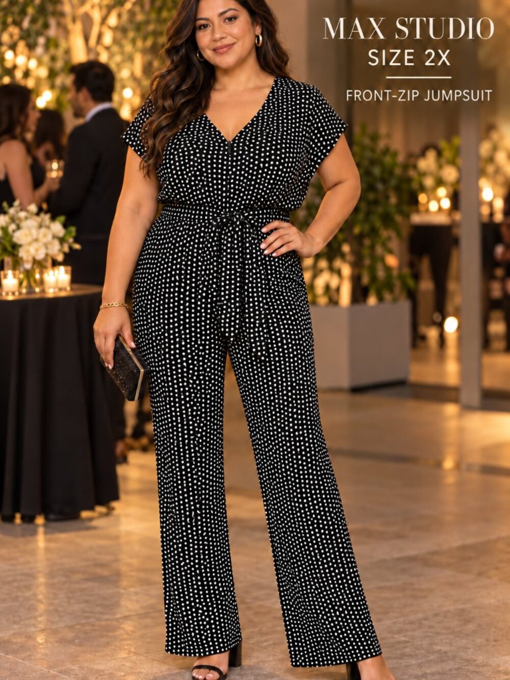 Max Studio Black & White Dot Front-Zip Jumpsuit - Size 2X